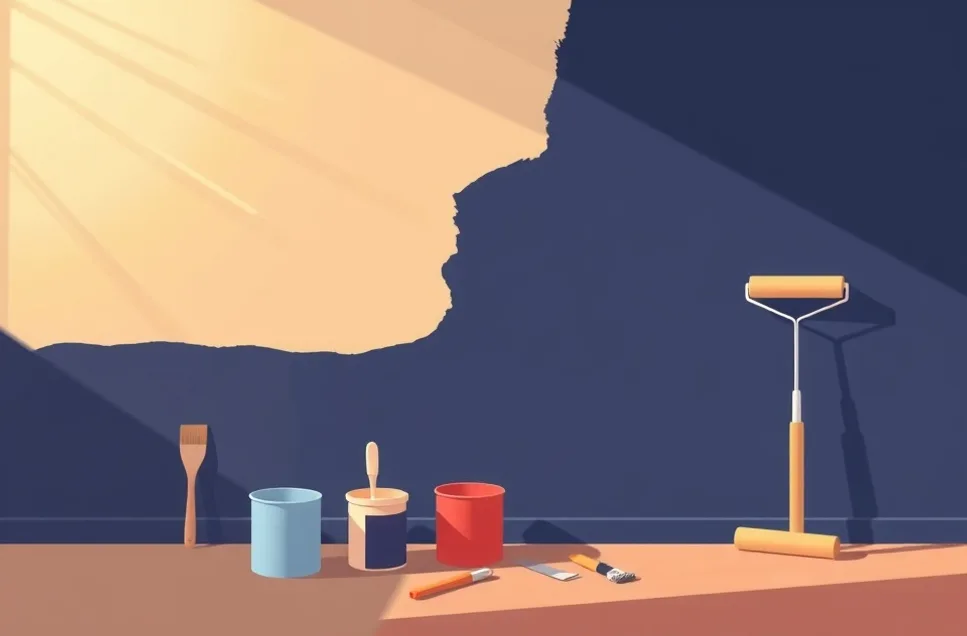 Outils de peinture disposés dans l'ordre des étapes du chantier
