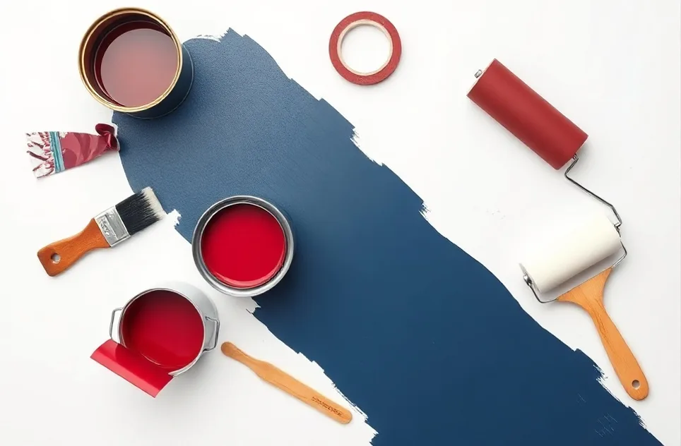 Pots de peinture, nuancier, brosses et rouleaux disposés à plat