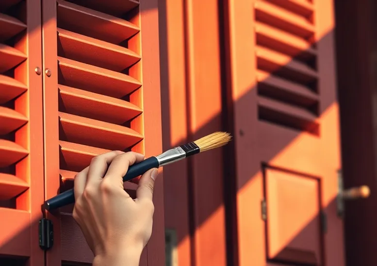 Mise en peinture au pinceau de volets et d'encadrements en bois