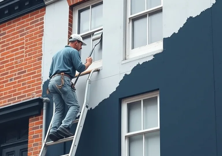 Peintre sur échafaudage traitant la façade d'une maison
