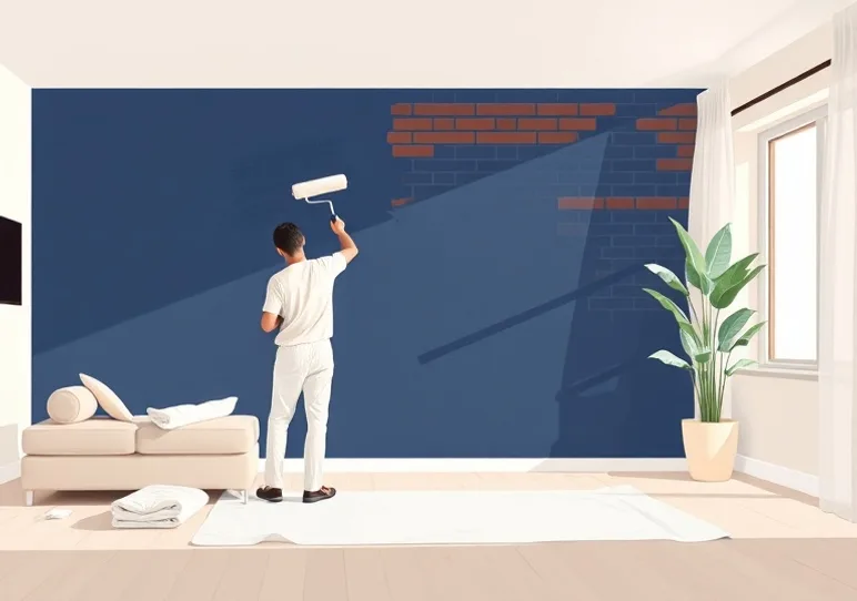 Peintre appliquant la peinture au rouleau sur un mur de salon